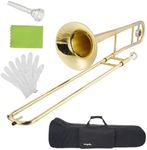 Festisoul Bb Flat Alto Trombone, Gold Lacquer Brass Wind Instrument, Beginner & Student Alto Trombone Complete Set with Mouthpiece, Carrying Case, Cleaning Cloth, Gloves and Cleaning Rod for School