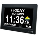 SSYA 7 Inch Day Clock - 12 Alarm Options, Level 5 Auto Dimmable Display,Extra Large Impaired Vision Digital Clock with Non-Abbreviated Day & Month Alarm Clock