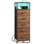 Somdot 5 Drawers Dresser with Charging Station and LED Light for Bedroom, Tall Nightstand with Removable Fabric Bins for Bedside Laundry Closet Entryway Hallway, Wood Grain Print