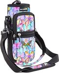 RICHEN Neoprene Water Bottle Carrier Bag, Bottle Pouch Holder with Adjustable Padded Shoulder & Handle Strap and Front Pockets for Kids/Men/Women Hiking Travelling Camping (25oz, Colorful Butterflies)