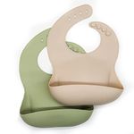 Wriggle & Giggle Baby Silicone Bibs with Food Catchers, 2 Pack (Olive Green/Beige)