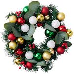 THE TWIDDLERS - Christmas Door Wreath with Festive Colours Red Gold Baubles and Holly Berries Ornaments, 32cm - Traditional Green White Frosted Winter Xmas Home Decorations