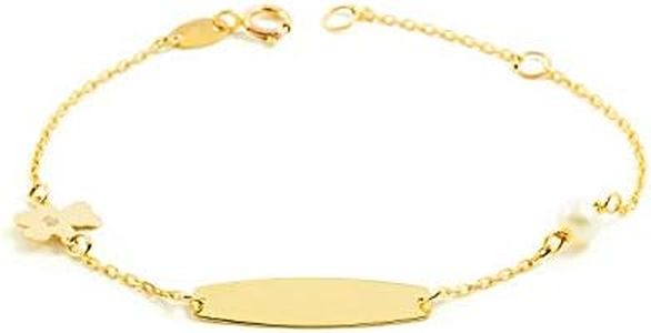 Monde Petit Pulsera Esclava Oro niña con oso y perla 4 mm 9 Kilates (9K) - Estuche Regalo - Certificado de Garantía
