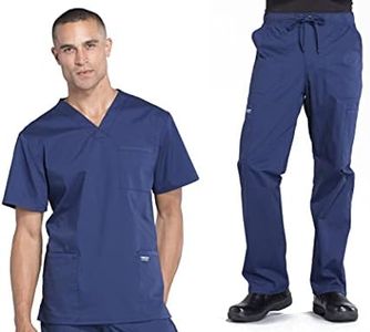 Cherokee Scrub Set for Men from, 4 Pocket V-Neck Scrub Top WW695 with 5 Pocket Tapered Leg Fly Front Cargo Pant WW190, Navy- L Top/L Pant