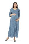 Lovely mom's Dual-Zip Printed Cotton Maternity & Nursing Western Dress | Stylish Convenience for Pre & Post Pregnancy Women’s (in, Alpha, XL, Regular, Light Blue)