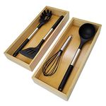 ROLiGHTiC Wooden Bamboo Kitchen Drawer Organizer Box, Stackable Tray Utensil Organizer for Office Drawers, Cabinets, Shelves, Pantry, or Bathroom Counter, Drawer Dividers for Silverware Set of 2, 15x6x2 inch