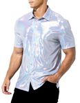 Arjen Kroos Mens 70s Disco Shirt Sequins Party Costume Short Sleeve Metallic Rave Button Down Shirts