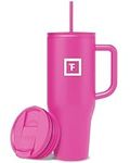 IRON °FLASK Co-Pilot 40 oz Insulated Tumbler w/Straw & Flip Cap Lids - Cup Holder Bottle for Hot, Cold Drink - Leak-Proof - Water, Coffee Portable Travel Mug - Pink Tulip