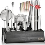 BARE BARREL® Cocktail Making Kit | 14-Piece Bartender Kit Cocktail Shaker Set Maker | Bamboo Display Stand & 35 Recipe Cards | Mixology Cocktail Gift Set (800ml/28oz Boston Shaker, Silver/Black)