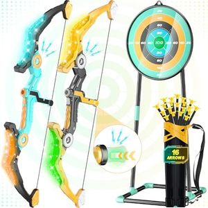 2 Pack Upgraded Kids Bow and Arrow Sets with Sound Effects& Color-Changing LED Flash Lights, Kids Achery set for Ages 4-6 6-8 8-12, Indoor Outdoor Toys for Ages 5-7 8-13 Boys Girls(green&gold)