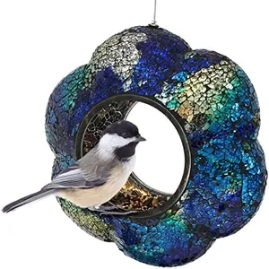 Sunnydaze Indigo Flower 9-Inch Fly-Through Bird Feeder for Outdoors - Crackled Glass Design Wild Bird Feeder for Outdoors Hanging