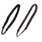 INHEAVEN 2pc (black & brown) 2 Strands Synthetic Hair Braided Headband Women Hair Band with Elastic Stretch Chunky ＆ Wide Plaited Braid Hair Band