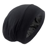 Satin Lined Hair Cover Sleep Cap - Adjustable Stay on No Fading Slouchy Skull Night Sleeping Beanie for Frizzy Natural Curly Hair Protection - Solid Black