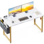 ODK Computer Writing Desk 48 inch, Sturdy Home Office Table, Work Desk with A Storage Bag and Headphone Hook, White Marble + Gold Leg