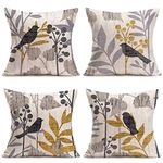 Tlovudori 4Pack Spring Summer Vintage Birds with Leaves Decorative Throw Pillow Covers Retro Rustic Farm Grey Birds Sitting on The Tree Branch Pillow Cushion Cover Home Pillow Case 18”x18” (SB-Birds)