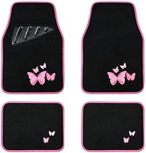 August Auto Universal Fit Butterfly Carpet Car Floor Mats with Heel Pad Fit for Sedan, SUVs, Truck, Vans Set of 4 (Black and Pink)