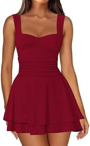 IWD Sleeveless Square Neck Mini Dresses for Women Ruched Corset Waist A Line Tiered Ruffle Hem Valentines Day Dress Wine Red X-Large