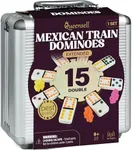 Queensell Mexican Train Dominoes Set Double 15, Dominoes Set for Adults and Family, Mexican Train Double 15 Dominoes Set Colored Dot - 136 Tiles, 9 Trains, Wooden Hub, Aluminum Case (Double 15)