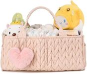 I IHAYNER Baby Diaper Caddy Cotton Rope Nursery Storage Bin and Car Organizer for Diapers and Wipes with Cute Pom-Pom Pink