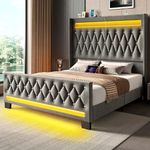 Rolanstar King Bed Frame with LED Light and Charging Station, Upholstered High Headboard and Footboard, Wood Slats, Noise Free, Easy Assembly, Grey