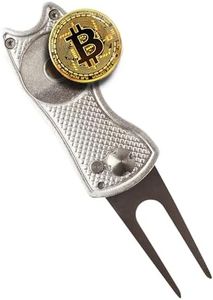 HODL 21 Bitcoin Golf Divot Repair Tool, All-Metal Golf Accessories - 3- in-1 Golf Multitool (Divot Tool, Ball Marker, Club Holder) | Foldable with with Pop-up Button & Magnetic Ball Marker