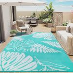 PureCozy Outdoor Plastic Straw Rug Leaf Waterproof Indoor Blue Outdoor Patio Rug 9x12 Carpet Tropical Reversible Mat Teal Washable Large Outside Area Rug for Camping RV Porch Deck Balcony Beach
