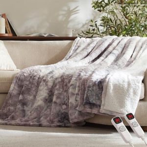 Electric Heated Blanket,84x90 Heating Queen Luxury Soft Faux Fur Grey White