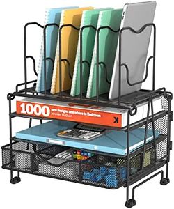 BOHDK Mesh Desk Organizer, 3-IN-1 Desktop Organizer with 3 Tier Tray and 5 Upright Sections, File Organizer for Desk with Sliding Drawer, Black