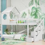 LTGB 3FT Treehouse Bunk Bed, Wood House Bunk Bed 90 * 190 cm, Cabin Bed Frame, Wooden Bunk Bed Frame with Ladder and Drawers, Ideal for Children Boys Girls Teens (White)