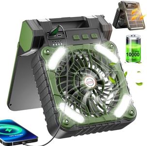Clemas Ventilador de camping alimentado por energía solar con luces, ventilador de refrigeración para exteriores, linterna LED, 10000 mAh, 10400 mAh, recargable, para tiendas de campaña, ventilador