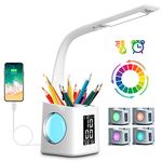 wanjiaone LED Desk Lamp with Clock,Color Changing Nightlight,Study Lamp with Pen Holder,Desk Light with USB Charger,Table Light for Home,Office,Bedroom,Gift for Kids,Students,Women,3 Brightness Levels