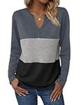 Zeagoo Womens Waffle Knit Tunic Shirts Color Block Tunics Long Sleeve Tops V Neck T-Shirt Casual Basic Tees