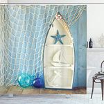 ABAKUHAUS Nautical Shower Curtain, Sea Objects on Wooden Backdrop Vintage Boat Starfish Shell Fishing Net Photo, Cloth Fabric Bathroom Decor Set with Hooks, 70 Inches, Blue White