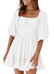 Dokotoo Square Neck Summer Dress for Women Tie Back Elastic Waist Long Lantern Sleeve Ruffle A-Line White Dress Casual Sexy Mini Dress Small