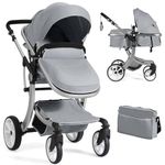 COSTWAY Baby Pushchair, Foldable Infant Stroller with Rain Cover, Mosquito Net, Carry Bag, Adjustable Backrest/Handle/Canopy, Convertible Buggy Pram for 0-3 Years (Gray)