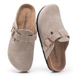 IIITHREE Women's Suede Clogs Cork Footbed Clogs for Women Soft Leather Adjustable Buckle Slip-on Potato Shoes Sandals Taupe