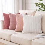 MIULEE Corduroy Pillow Covers Soft Soild Striped Throw Pillow Covers Set of 4 Decorative Square Cushion Cases Pillowcases for Sofa Bedroom Couch 18 x 18 Inch, Pure White and Pink