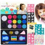 Maydear Face Paint Kit for Kids,14 Large Paints,52- Stencils,160 Gems,2 Hair Chalk,2 Glitter Non-toxic,Professional Face Paint Palette,Halloween Makeup Kit (14 Colors - Water Based)