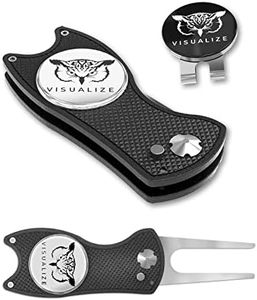 VISUALIZE Talon Plus Kit - All-Metal Golf Divot Repair Tool with Magnetic Ball Marker - Switchblade-Style – Plus Bonus Hat Clip with Alternative Ball Marker - Eco-Friendly (Black-White)