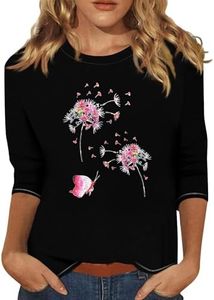 3/4 Length Sleeve Womens T Shirts 2025 Cute Sunflower Dandelion Prints 3/4 Length Sleeves Tops for Women Crewneck Plus Size Summer Elbow Length Sleeve Blouse Three-Quarter-Sleeve Top Woman