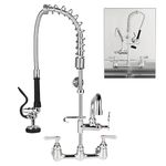 Wall Mount Commercial Kitchen Faucet with Pull Down Sprayer 25'' Height 8'' Center Adjustable Industrial & Restaurant Sink Faucet with 12" Swivel Spout Pre-Rinse Faucet for 1 2 3 Compartment Sink