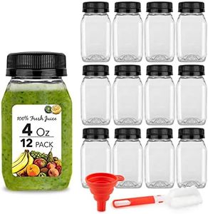 Stock Your Home 4 Ounce Mini Bottles for Mini Fridge, Reusable Juice Containers with Black Caps, Small Bottle for Liquids in Lunch Box, Clear Empty Plastic Container with Lids for Juicing (12 Pack)