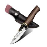 RRLOM Fixed Blade Knife with Leather Sheath, Hunting Knife Full Tang Blade with Non-Slip Wooden Handle, 8.7'' Outdoor Camping Knife for Hiking, Hunting, Fishing, Survival