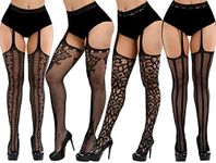 iCamter Plus Size Fishnet Stockings, Black Fishnet Tights Thigh High Stockings Suspender Pantyhose, Black Style 2 (4 Pack), One Size