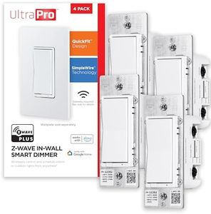 UltraPro 700 Series Z-Wave in-Wall Smart Rocker Light Dimmer with QuickFit & SimpleWire, 3-Way Ready, Works with Alexa, Google Assistant, Z-Wave Hub Required, Smart Home, Voice Control, 4 Pack, 59373