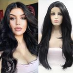 Xiweiya Black Wig Long Natural Wavy #1b Black Synthetic 13x3 Lace Front Wigs For Women Natural Black Hair Glueless Black Wig Heat Resistant Fiber Half Hand Tied 24Inch for Women, Drag queen Wear