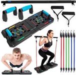 Blue Clouds - Pilates Bar and Push Up Board Kit - Color Coded Foldable Pushup Board Fitness Tool - Reinforced Aluminum Resistance Band Bar - At Home Gym Accessories for Men and Women - Portable Gym