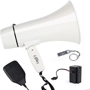 Loudmore Portable Megaphone Bullhorn 35 Watt Power Megaphone Speaker with Siren/Alarm Modes, 240S Recording, USB Flash Drive, Detachable Handheld Microphone, Volume Control and Strap (White)