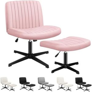 ALFORDSON Armless Criss-Cross Desk Chair with Ottoman Stool, Ergonomic Cross Leg Office Chair with Channel-Tufted Mid-Back Design, Tilt & Height Adjust and Swivel, 180kg Max, Xavi Velvet Pink