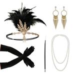 7 Pack 1920s Accessories Set, 1920s Fashion Flapper Accessories Headband Long Gloves Earrings Pearl Necklace Great Gatsby Accessories for Women(Black)